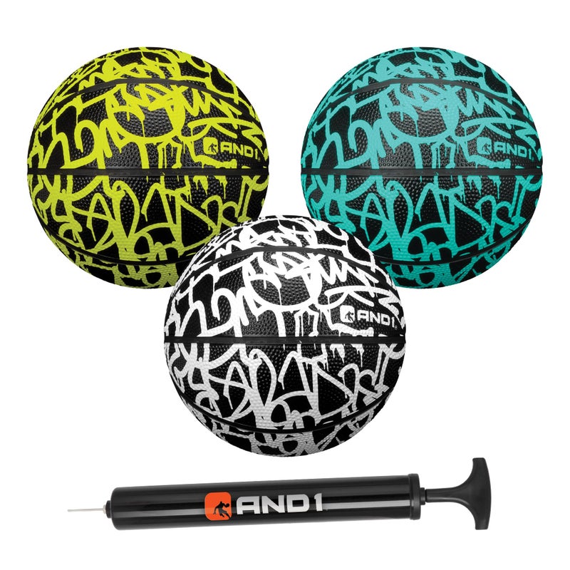 AND1 Mini Basketball Set for Kids (Deflated w/ Pump Included): - 3 Pack of Premium Youth Size Basketballs, Easy to Grip, Shoot & Dribble, Made for Indoors and Outdoors, Graffiti - Image 1